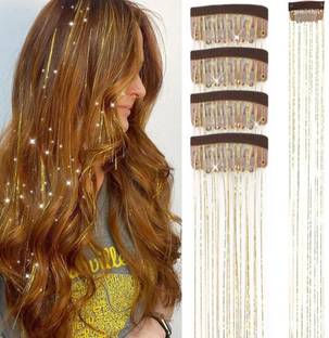 D-DIVINE 4 Pcs Tinsel Clip  Extension with Clip in  Kit, Heat Resistant Glitter Hair Extension