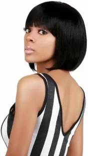 Hymaa Full Head Black Straight With Bangs 12" Bob  Wig For Women Hair Extension