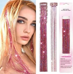 HANNEA 6pcs  Tinsel Extensions Glittering Pink Tinsel  Extensions Clip-on Pink Hair Extension