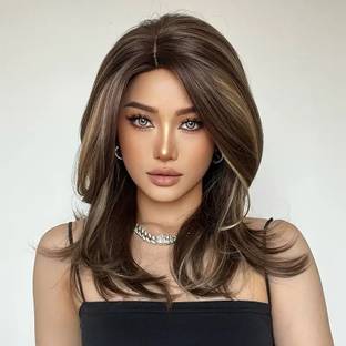 Ashkash Brown Mixed Blonde Highlight Shoulder Length Layered Middle Part  Wig Hair Extension