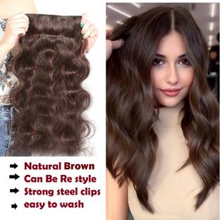 Ritzkart 16 inch brown Wavy Curly Clip-In Human  Extensions (100-110 grams) Hair Extension