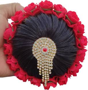 MX WOMEN HAIR STYLE Gajra Bun Extension Beautiful Juda Accessories For Women Red And Yellow (Brooch) Hair Extension