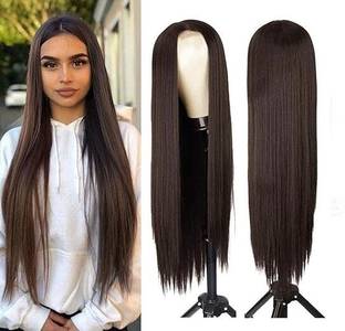 A H S Long Straight Natural Synthetic Brown Full Head Wigs for Women With Middle Part Hair Extension