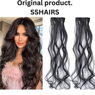 SS clipextension 2 clip look human hair extension (Set of 2 pcs)( black)(24 inch) Hair Extension