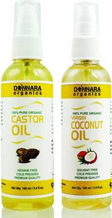 DONNARA organics 100% Pure Castor oil and Coconut oil Combo of 2 Bottles of 100 ml(200 ml) Hair Oil
