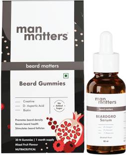 Man Matters Beard Oil In Serum & Beard Gummies Combo | Improves Beard Density & Nourishes Hair Oil