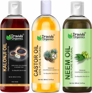 Dravida Organics 100% Pure Kalonji Oil, Castor Oil and Neem Oil Hair Oil