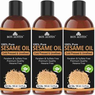 बॉन ऑस्टिन 100% शुद्ध ऑर्गेनिक तिल का तेल 100 ml की 3 बोतलों का कॉम्बो पैक केश तेल