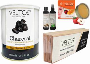 Veltos PROFESSIONAL BODY AND FACE WAXING KIT COMBO ( CHARCOAL HYDRO LIPOSOLUBLE BODY WAX 800ML & APPLE REGULAR FACIAL PEEL OFF KATORI WAX 80GM & COTTON MILK PRE WAX GEL 100ML & ALOE VERA AFTER WAX LOTION WAX 100ML & WAX STRIPS) Wax