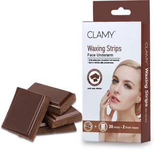 Clamy Face & UnderArms Waxing Strips with Chocolate Extracts Instant Removal Silky Smoothness Upto 4 Weeks (20 Strips + 2 Finish Wipes) Choco Strips