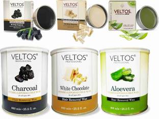 Veltos Body & Face Wax Combo Waxing Kit Aloe Vera, Charcoal, White Chocolate 800ml&80gm Wax