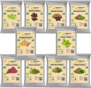 Brightland Combo of Hair Growth Amla powder 50g, Reetha powder50gm, Sikhakai Powder 50g, Bringraj powder 50gm, Heena leaf powder 50gm ,Brahmi powder 50g, Hibiscus Powder 50gm, Fenugreelk Powder 50gm, Neem Leaf Powder 50gm, Alovera Powder 50gm,