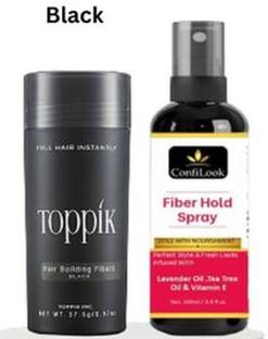 toppik Hair Fibers For Regrowth And Instant Styling Black 1 & Fiber Hold Spray 1 Combo Offer Organic Hair Volumizer Fibers