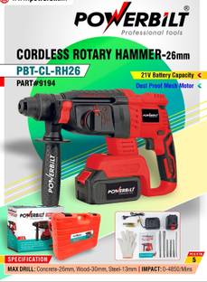 PowerBilt PBT-CL-RH21V PBT-CL-RH21V CORDLESS DRILL LI-ION BATTERY & CHARGER WITH MESH DUST PROOF MOTOR...