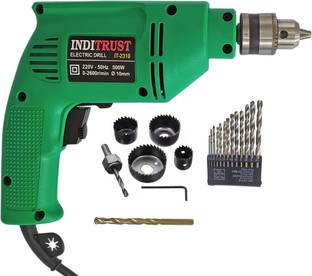 Inditrust 10mm Electric reversible drill machine 500w with 6pc Holesaw 13pc hss 1pc Masonry bit set (P...