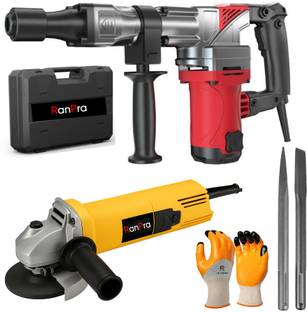RanPra 7KG DEMOLITION BREAKER MACHINE & 4INCH ANGLE GRINDER WITH SAFETY GLOVES Rotary Hammer Drill