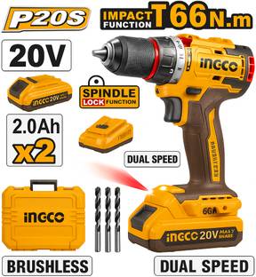 INGCO T-Series Compact 20V Brushless Impact Drill 66Nm with 2.0Ah Batteries, Charger and 47 Accessorie...