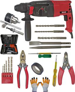 DUMDAAR 6 Month Warranty 1250W 26mm Hammer Drill Machine Red Gloves 13mm Drill chuck Adapter 5pc Mason...