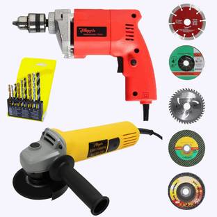Hillgrove HGCM1366M1 100% Copper Winding 10mm Drill Gun Drilling Machine Kit Set with HGCM1366M1 4inch Hand Angle Grinder Wall Cutter Grinding Glender Cutting Machine Hammer Drill