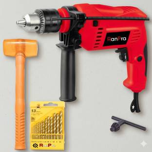RanPra 13mm Variable Speed Reversible Hammer Drill with 13 Pcs Drill Bit Set & Heavy-Duty Rubber Malle...