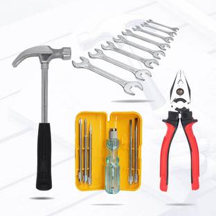Hillgrove HGCM195M1 5in1 Screwdriver and Double Open End Wrench Set with 8"inch Plier and Curved Claw Hammer