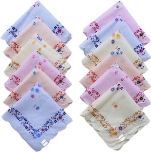 HOMESTIC Leaf Print Cutwork Soft Cotton Hankies ,Set of 12 (Multicolor) ["Multicolor"] Handkerchief