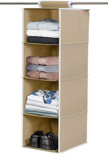 SV.ENTERPRISE Hanging Organizer 4 Shelves Non Woven Foldable Wardrobe Organizer 4 Shelves Non Woven Foldable Wardrobe/Closet Organizer PACK OF 1 Pc Beige Closet Organizer