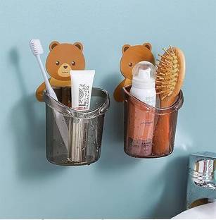 Shreejee Pack of 2 Multipurpose Wall Mount No Drill Teddy Bear Toothbrush Holder x2.66 Swivel Hook 1