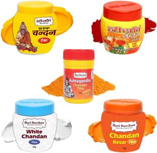 Hari Darshan Chandan Tika Combo - Kumkum, Kesar, Roli, White Ashtagandha tilak (Pack of 5)
