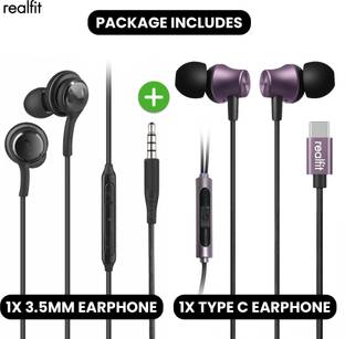 REALFIT Wired Earphone Combo – Type-C & 3.5mm Jack | Super Bass, Mic, Tangle-Free Cable Wired