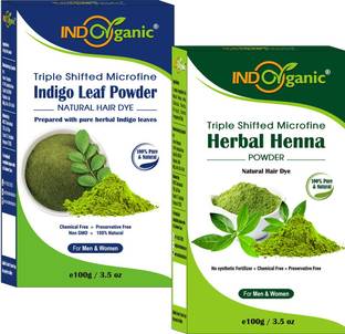 Indo Organic 100% Chemical Free Indigo Powder and Herbal Henna Powder Hair Color Combo Pack