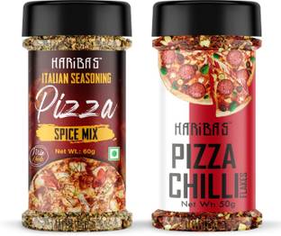 HARIBAS Combo Pack of 2 Pizza Seasoning 60GM and Chilli Flakes 50GM | Chilli Flakes and Pizza Seasoning for Pizza and Pasta | Italian Seasonings for Pizza, Pizza Seasoning in Pantry | Mix Herb Seasoning