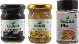 GREEN PIECE Black Olives (120gm),Green Olives (120gm), Pizza Spice Mix Seasoning(50g).
