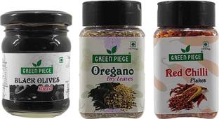 GREEN PIECE Black Olives, Red Chilli Flakes/Perprica and Oregano (Pake of 3)