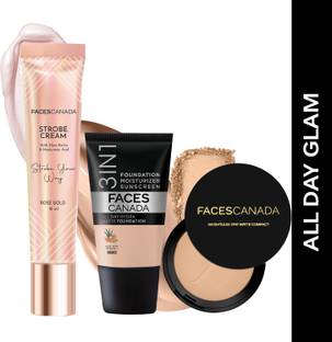 FACES CANADA Strobe Cream (18ml) + Compact Powder (9gm) +Hydra Matte Foundation (18ml) |Glowy Highlighter