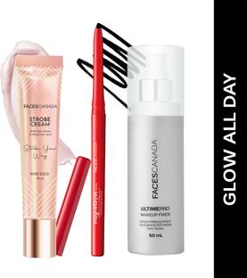 FACES CANADA Strobe Cream (18ml) + Kajal (0.35g) + Makeup Fixer (50ml) | Glowy Makeup