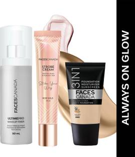 FACES CANADA Strobe Cream (18ml) + Hydra Matte Foundation (18ml) + Makeup Fixer (50ml) |Glowy Highlighter