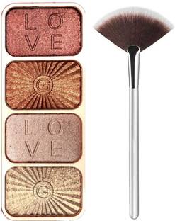 LOVE HUDA Professional 4 Shades Baked Face Highlighter Palette With Makeup Fan Brush, Highlighter
