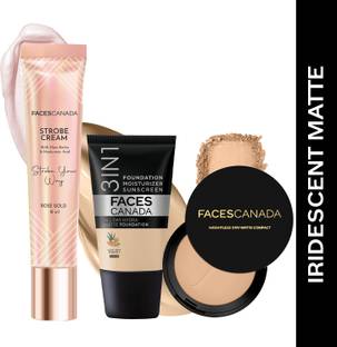 FACES CANADA Strobe Cream (18ml) + Compact Powder (9gm) +Hydra Matte Foundation (18ml) |Glowy Compact