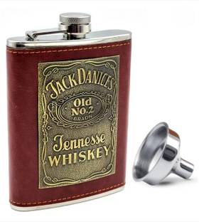 GENZ Genuine Leather Wrapped Jack Daniels Whiskey Hip Flask (8oz) For Alcoholic Drink Stainless Steel Hip Flask
