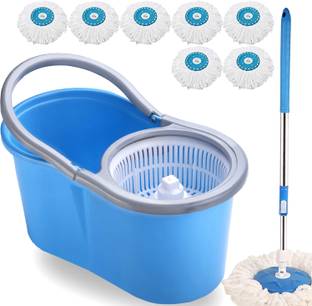 THUNDER FIT START FRESH BLUE PLASTIC CLASSIC SPIN MOP BUCKET WITH 7 MICROFIBER REFILLS Broom, Cleaning Wipe, Mop, Mop Set, Mop Refill, Floor Wiper, Bucket