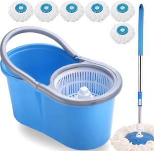 THUNDER FIT START FRESH BLUE PLASTIC CLASSIC SPIN MOP BUCKET WITH 6 MICROFIBER REFILLS Broom, Cleaning Wipe, Mop, Mop Set, Mop Refill, Floor Wiper, Bucket