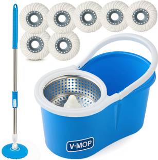 V-MOP Premium Classic Steel Bucket 360° Self Spin Cleaning Floor Mop-7 Mop Set
