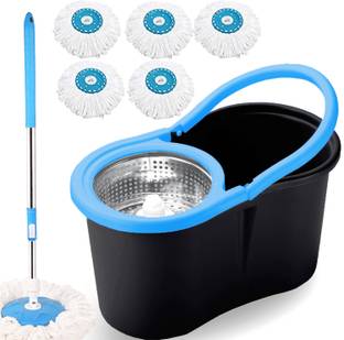 THUNDER FIT START FRESH MOP BUCKET - BLACK STEEL SPIN MOP WITH 5 REFILLS FOR ALL CLEANING FLOORS Bucket, Cleaning Wipe, Dustbin, Mop, Mop Set