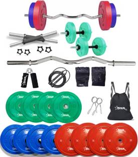 STARX 40 kg Multi Color 100% Rubber Plates With 3Feet Curl Rod 23mm for Use of Home Gym Combo