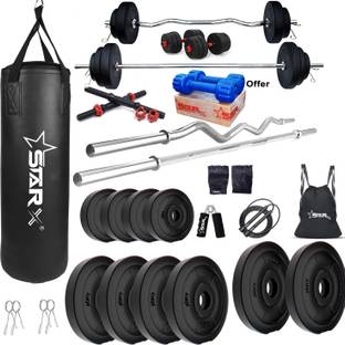 STARX 50 kg with 3FT Curl and 5FT Straight Rod Unfilled Punching Bag & PVC Dumbbells Home Gym Combo