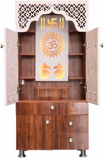 Old Wolf Furniture Wooden Temple With Doors & Inbuilt LED Light Engineered Wood Home Temple