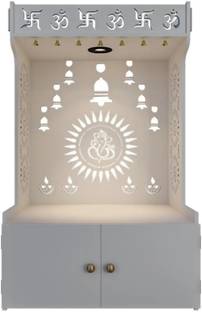 Homscape Divine Wooden White Home Temple with Spacious Shelf & Inbuilt Focus Light Engineered Wood Home Temple