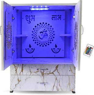 MARECARA WOODS “MARECARA Divine White Mandir – LED Light & Door | Marble Finish Engineered Wood Home Temple