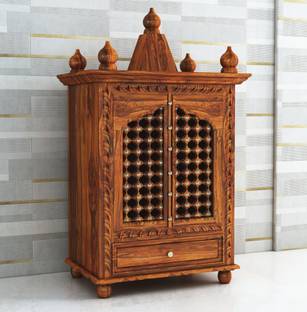 Ganpati Arts Solid Wood Temple in Brass Work with 2Doors and 1 Drawer Storage/Mandir for Home Solid Wood Home Temple